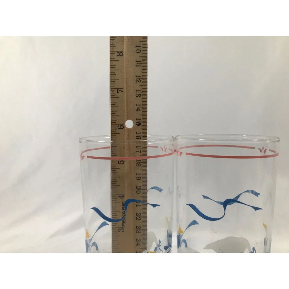 Vintage 80s Country Goose Drinking Glasses White Blue Ribbon Hearts Set of 2
